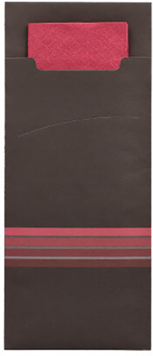 PAPSTAR Bestecktaschen 20 cm x 8,5 cm schwarz/bordeaux "Stripes" inkl. farbiger Serviette 33 x 33 cm 2-lag.