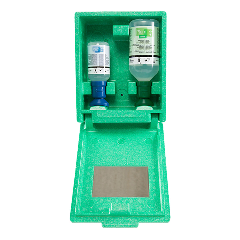 PLUM Augenspülstation in Wandbox, grün, 200ml pH-Neutral, 500ml NaCl