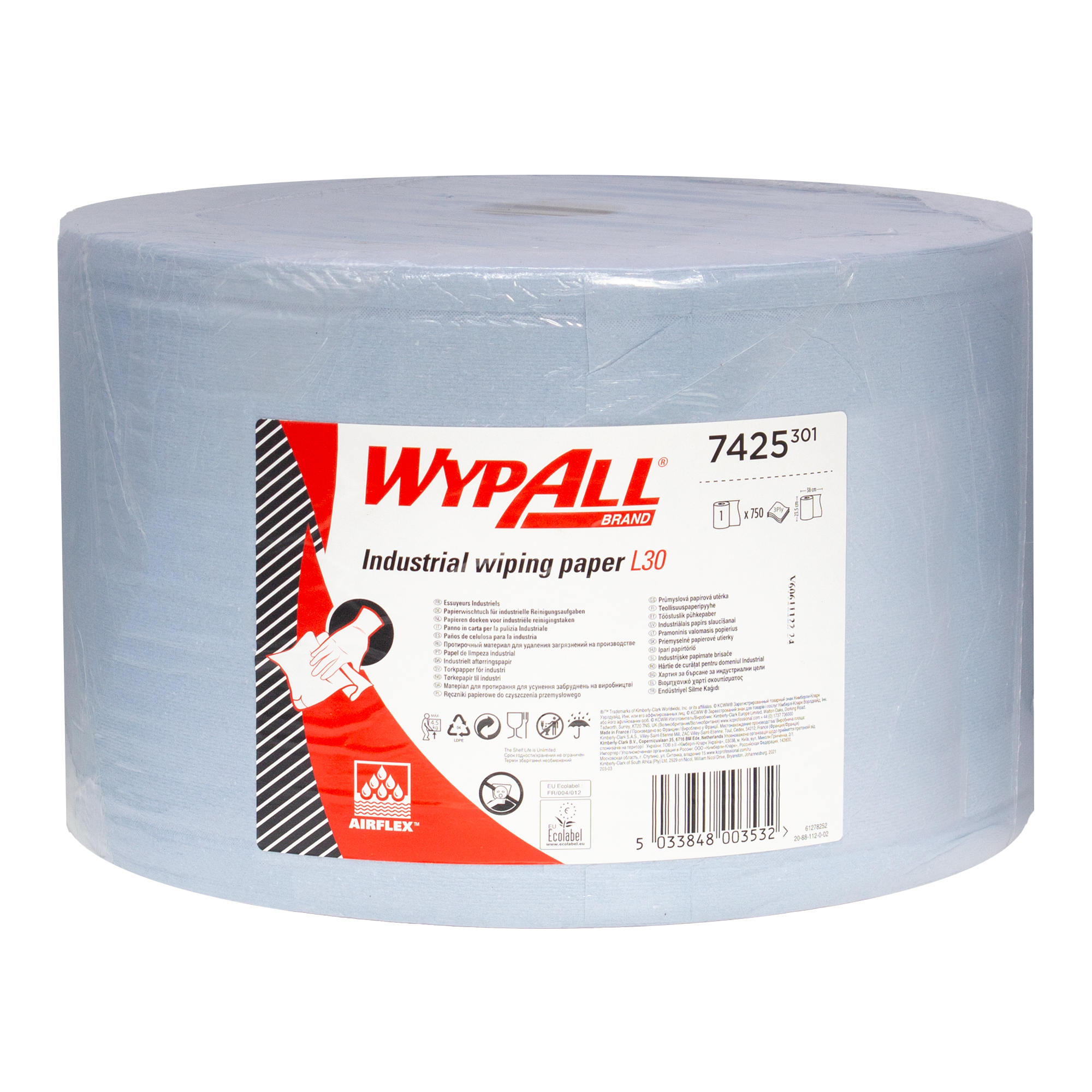 WypAll 7425 Industriewischtücher Jumbo Großrolle L30 blau 3-lagig, 23,5 cm breit, 750 Tücher