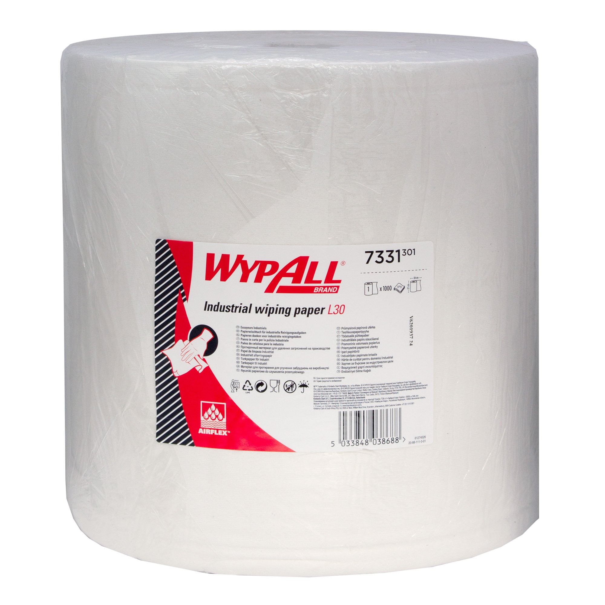 Wypall 7331 Industriewischtücher Jumbo Großrolle L 30 weiß 3-lagig, 37 cm breit, 1000 Tücher