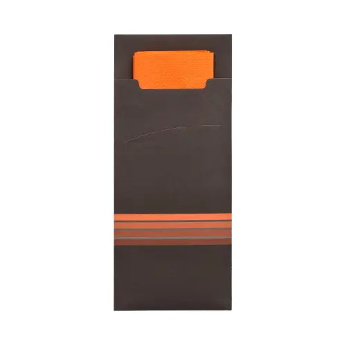 PAPSTAR 520 Bestecktaschen 20 cm x 8,5 cm schwarz/orange "Stripes" inkl. farbiger Serviette 33 x 33 cm 2-lag.