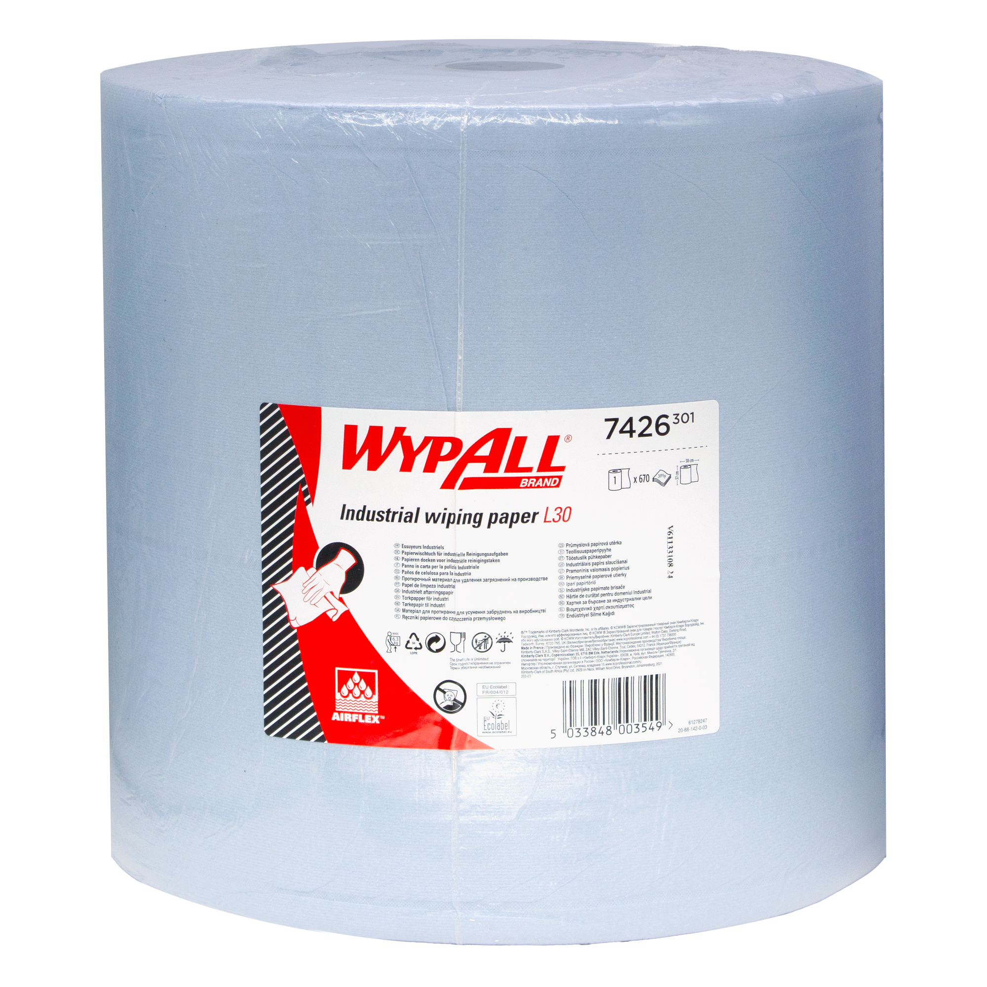 WypAll 7426 Papierwischtücher L30 extra breit Jumbo Großrolle blau 3-lagig, 37 cm breit, 670 Tücher