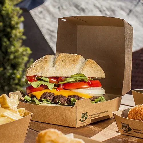 PAPSTAR Burgerboxen, Pappe 9 cm x 18,5 cm x 18,5 cm braun "100% Fair" extra groß