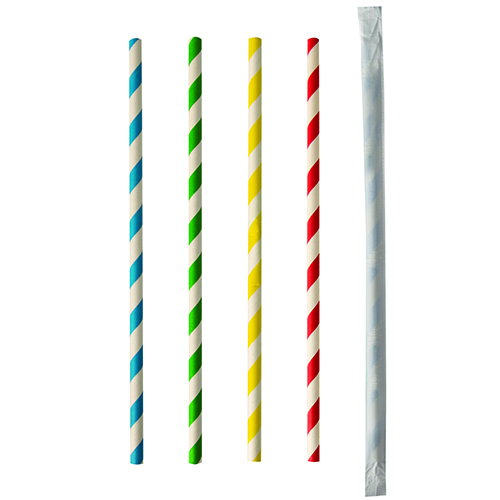 PAPSTAR Trinkhalme, Papier Ø 6 mm, 20 cm farbig sortiert "Stripes" einzeln gehüllt